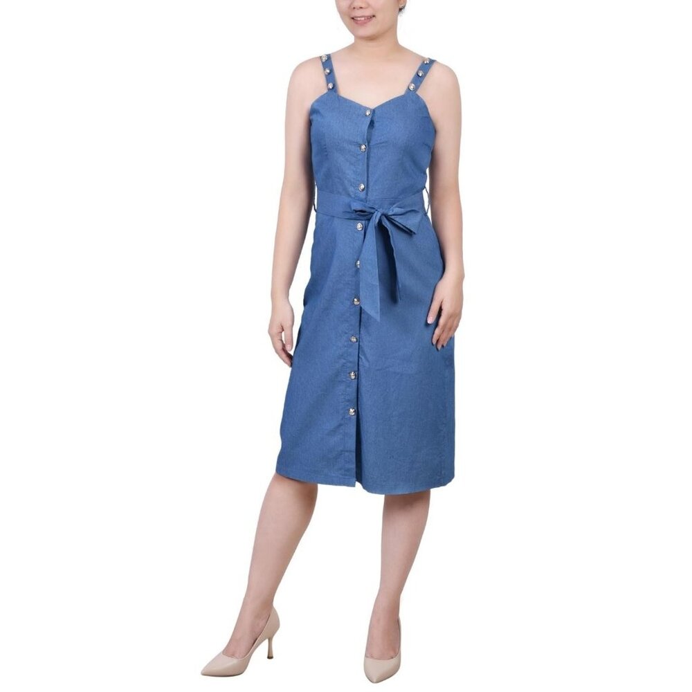 NY Collection Dress Womens Petite Size PM Blue Belted Strappy Sundress $54